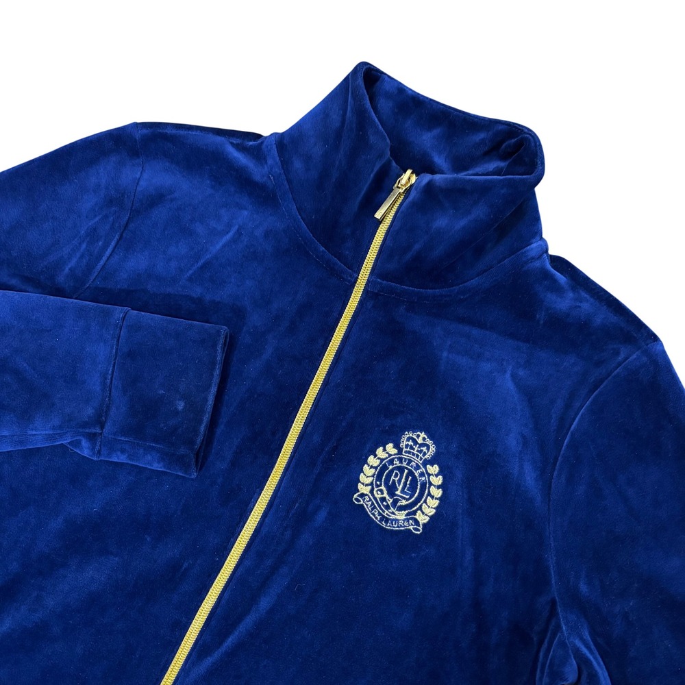 LAUREN RALPH LAUREN Women PS Navy Velour Gold Zip Embroidered Crest Jacket